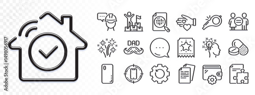 Smartphone target, Smartphone cover and Strategy line icons for web app. Glare of light effect. Message icon. Pack of Wallet, House security, Loyalty ticket pictogram icons. Vector