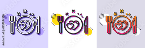Romantic dinner line icon. Halftone dotted pattern. Gradient icon with grain shadow. Valentines day food sign. Couple relationships symbol. Line romantic dinner icon. Various designs. Vector