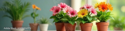 A cheerful potted plant, ready to be given as a gift  Perfect for birthdays, housewarmings, or just because  Bright green leaves and vibrant blooms add a touch of nature to any space ,  happy,  flora
