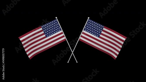 Two American flags waving in the breeze on a transparent alpha channel background for easy drag and drop!