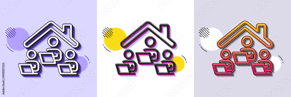 Work at home line icon. Halftone dotted pattern. Gradient icon with grain shadow. Teamwork sign. Remote office symbol. Line work home icon. Various designs. Vector