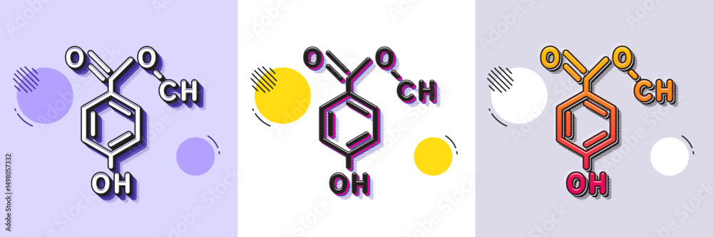 Chemical formula line icon. Halftone dotted pattern. Gradient icon with grain shadow. Chemistry lab sign. Analysis symbol. Line chemical formula icon. Various designs. Vector