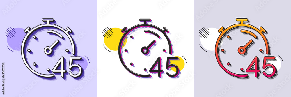 Timer 45 minutes line icon. Halftone dotted pattern. Gradient icon with grain shadow. Stopwatch time sign. Countdown clock symbol. Line timer icon. Various designs. Vector