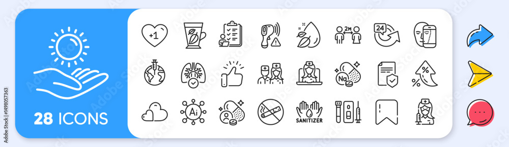 Social distancing, Care and Blood and saliva test line icons. Interest rate, AI generate, Inflation icons. Pack of Vitamin, Insurance policy, Water drop icon. Vector