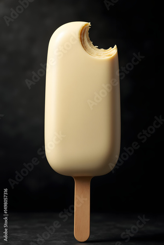 Glace au chocolat blanc esquimau au cœur vanille, isolé sur fond noir. Le bâtonnet tient debout et présente une marque de morsure