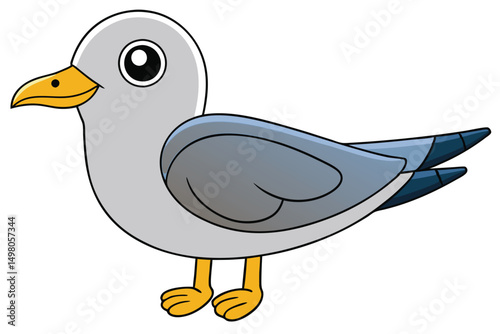 Cartoon Seagull Character with Grey Feathers and Yellow Beak and Feet Illustration