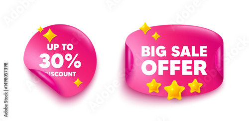 Obraz na płótnie Discount tag sticker tag. Big offer paper price banner. Up to 30 percent discount. Sale offer price sign. Special offer symbol. Save 30 percentages. Discount sticker with 3d stars. Vector w salonie