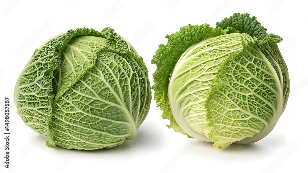 Fototapeta premium Fresh and vibrant two whole savoy cabbages isolated on a clean white background displaying delicate leaf textures
