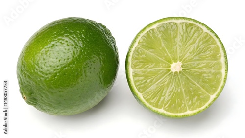 Fresh green limes one whole and one sliced half providing vibrant refreshment and delicious citrus flavor