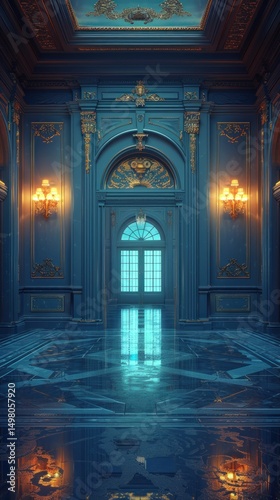 Grand Blue Hallway with Gold Accents, Entranceway,  Night Interior
