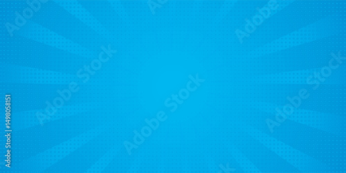 Comic background. Pop art texture. Starburst cartoon style. Anime design with explosion effect for print. Fun dot pattern. Blue backdrop with halftone gradient.