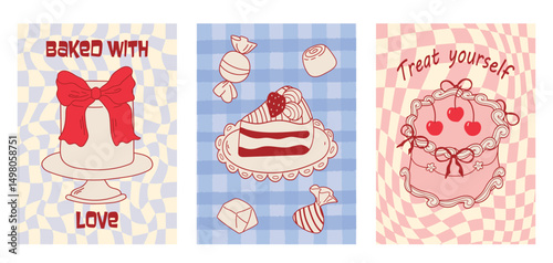 Set of hand drawn vintage birthday posters with cakes on checkered background. Whimsical vector treats. Hand drawn cakes. Sweet coquette style. Contemporary art  illustrations. 