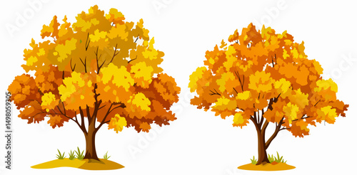 Two Autumn Trees, Golden Leaves, Fall Foliage Illustration