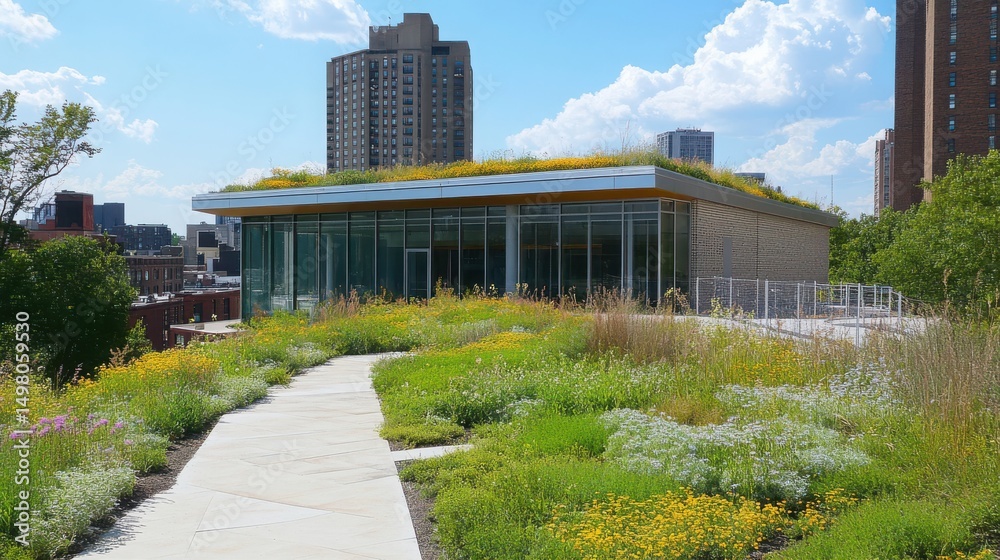 Fototapeta premium Urban rooftop garden with modern pavilion and blooming flowers