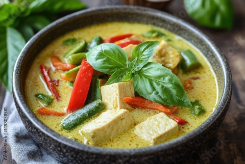 Delicious vegan tofu green curry with vegetables