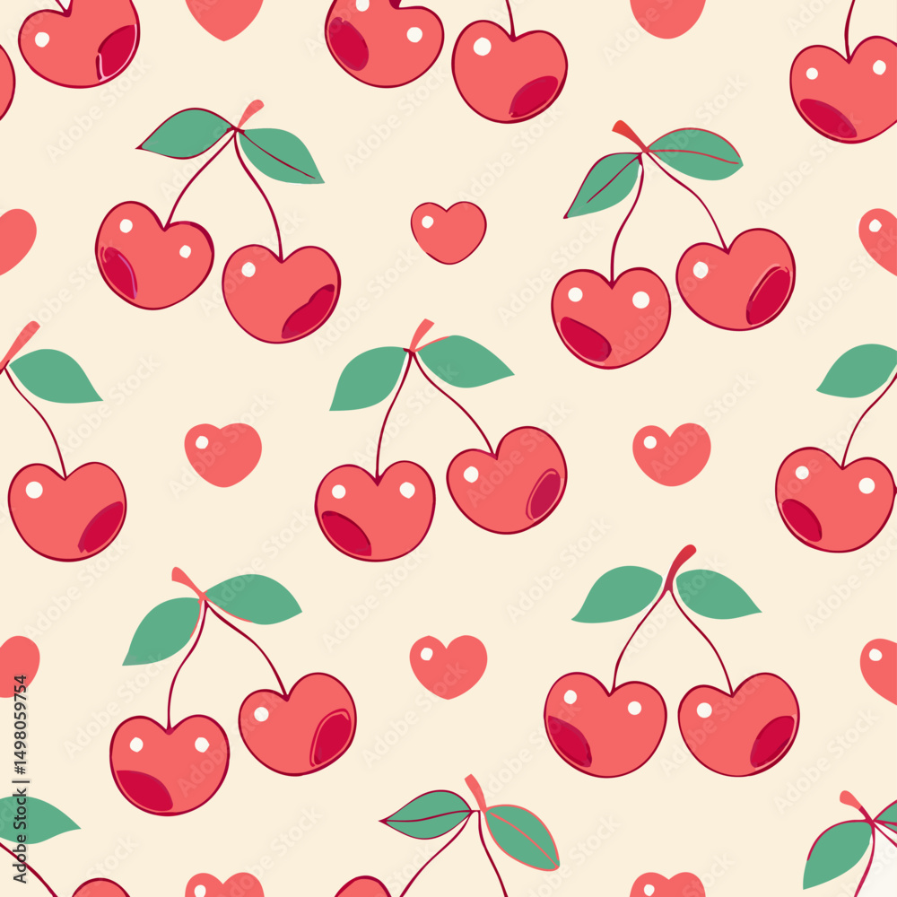 Seamless Pattern: Cute Cherries and Hearts Background Seamless Pattern: Cute Cherries and Hearts Background