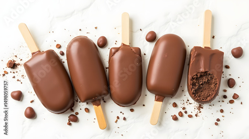 Collection alignée de minis bâtonnets de glaces tout chocolat, isolés sur fond blanc