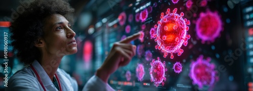 Researcher presents HIV virus structure in modern lab with vibrant color highlights