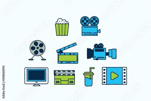 Colorful vector illustration of cinema related icons film movie entertainment and filmography