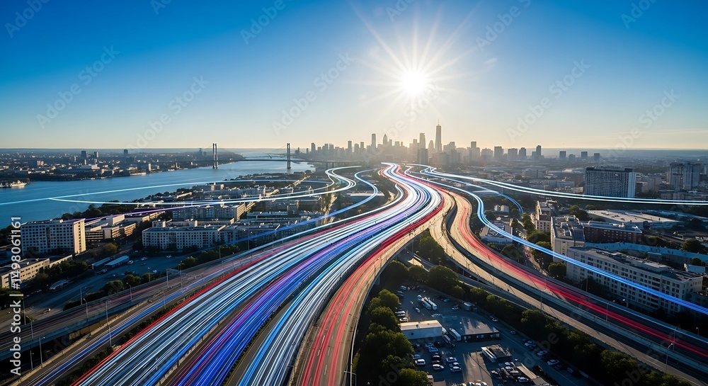 Obraz premium Chicago Skyline and Expressway Lights: Urban Panorama Photograph