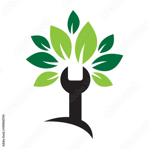 Wrench leaf vector logo design template. Repair service leaf nature logo design.