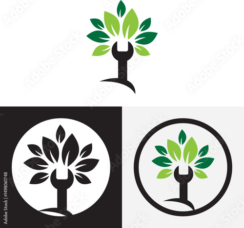 Wrench leaf vector logo design template. Repair service leaf nature logo design.