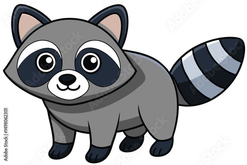 Cartoon Raccoon with Big Eyes and Striped Tail Standing Isolated Illustration