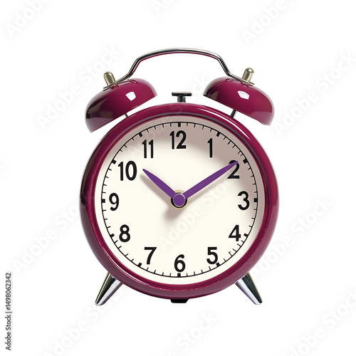 Purple alarm clock with a white face and black numbers showing the time isolated on transparent background