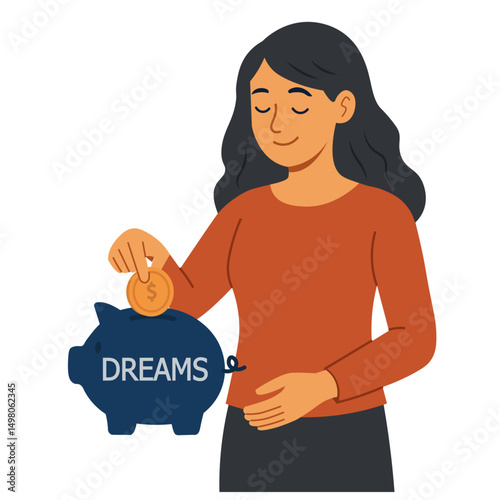 Woman saving for her dreams flat vector illustration. piggy bank and woman