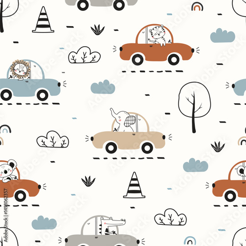 Cute seamless vector pattern with animal cars. Elephant, tiger, koala, crocodile and lion driving happily. Cartoon transportation background. Ideal for kids' fabric, textile, wrapping, and apparel.