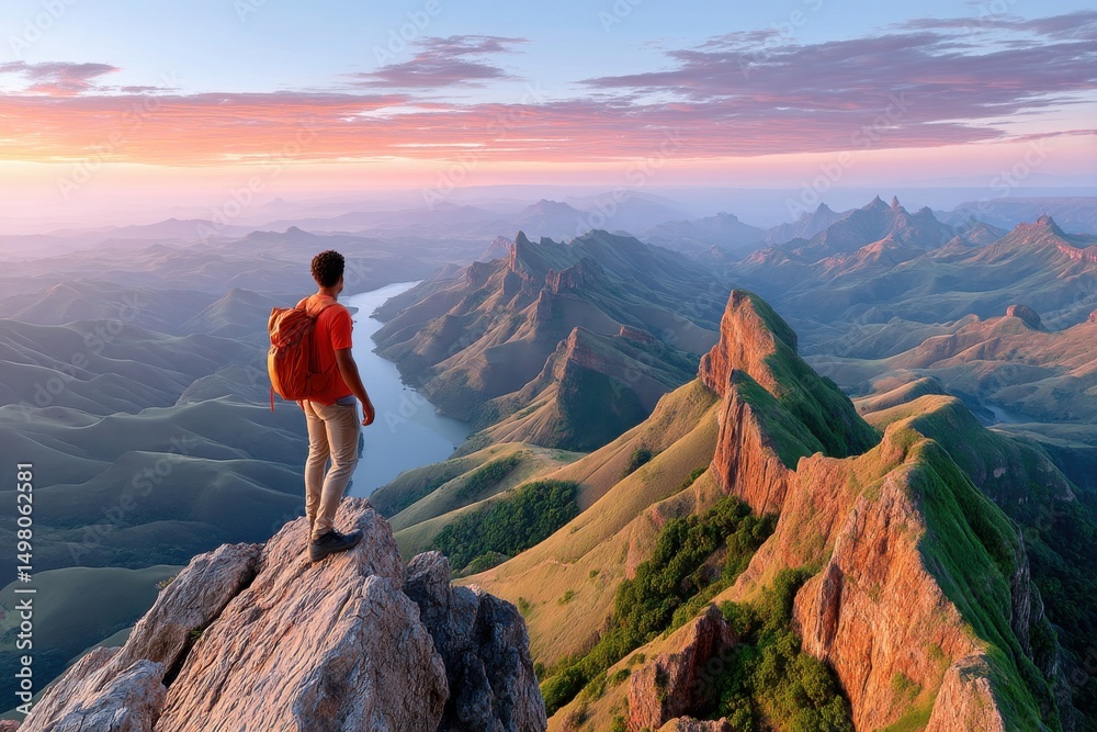 Obraz premium Hiker admiring mountain landscape during sunrise with a spectacular panoramic view