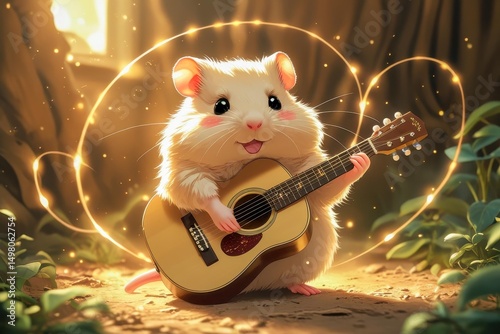 A cute hamster plays the guitar with a touching expression. His fluffy paws touch the strings tenderly and sincerely. The stage is filled with warmth and a magical atmosphere.