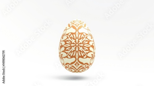 A chocolate egg hovers in the air on a white background. An elegant pattern and soft pastel shades emphasize modernity and sophistication. An atmosphere of purity and grace.