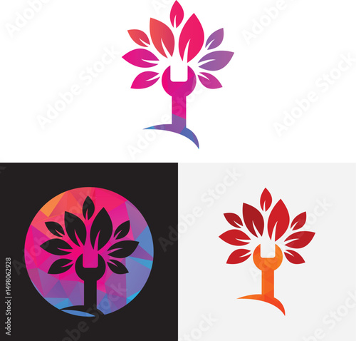 Wrench leaf vector logo design template. Repair service leaf nature logo design.