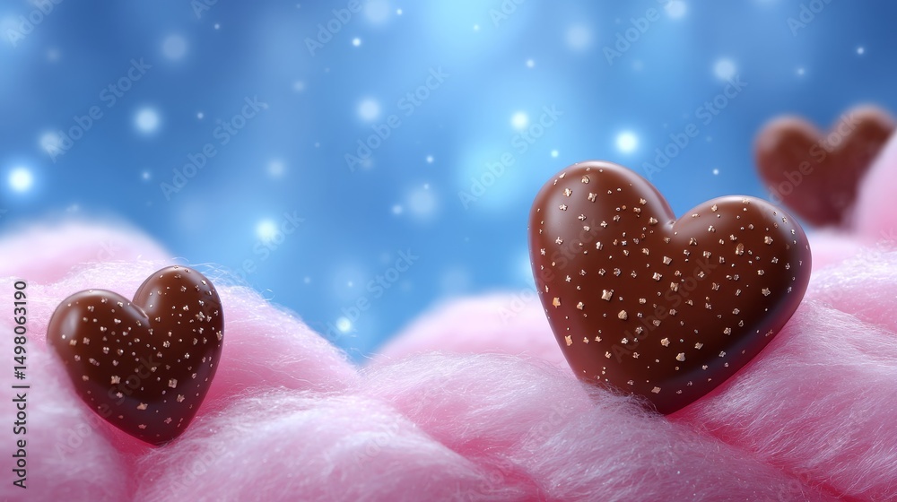 Fototapeta premium Close-Up of Fluffy Pink Cotton Candy with Chocolate Hearts on a Dreamy Blurred Blue Background
