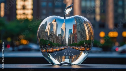 Skyscrapers are reflected inside the glass apple, like a picturesque mirage of a metropolis. Focus on details, soft bokeh and light create magic. The photo is professional and atmospheric.