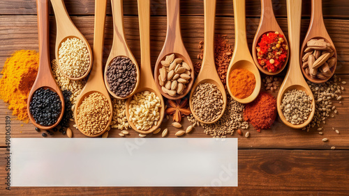 Wooden spoons with various seeds and spices are laid out on a light surface. The image emphasizes the richness of plant proteins. Ideal for nutrition and cooking topics.