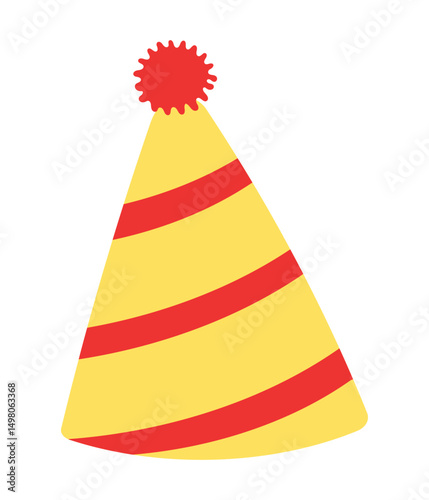 Party hat with stripes pattern, pompom hand drawn illustration, isolated vector on transparent. Flat style design. Birthday celebration, festival, carnival, party, anniversary clip art, element