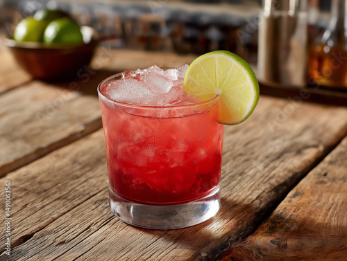 a photo of the cocktails Don´s own grog made with rum, black berry syrup, grenadine, lime juice and bitters served in a lowball glas over crushed ice and with a lime wheel. The photo is rustic and con