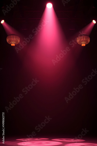theatrical stage with pink lighting and hanging fixtures creating dramatic atmosphere
