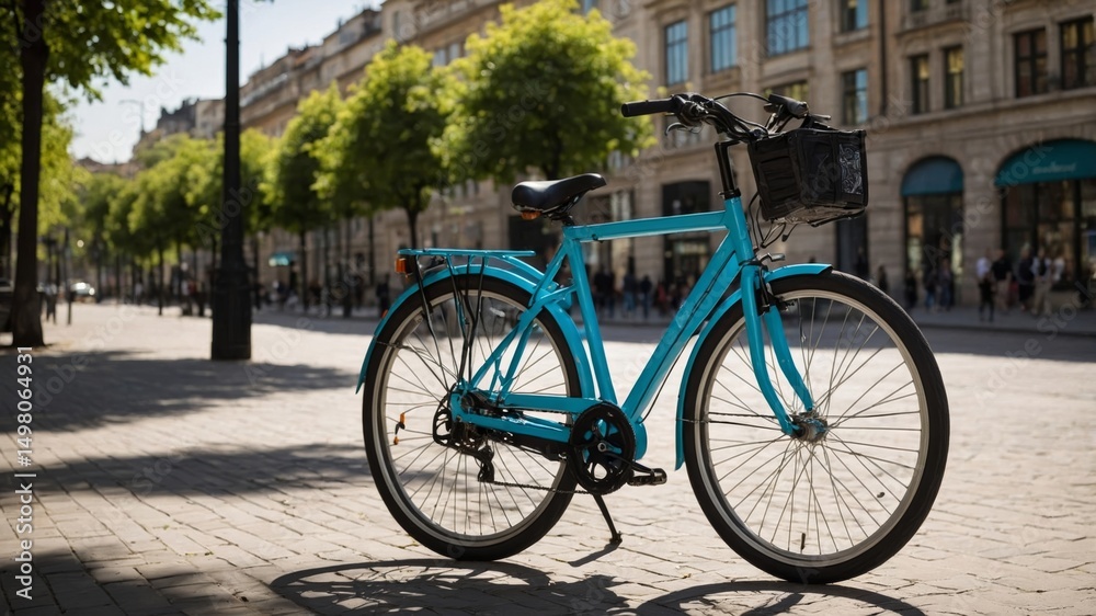 Fototapeta premium Light blue bicycle parked on a sidewalk in a european city