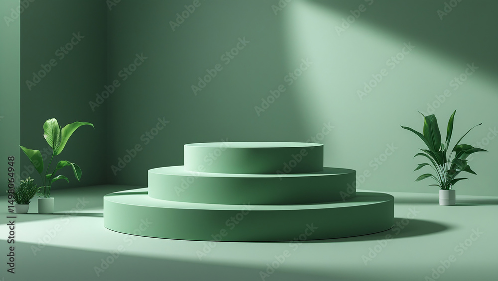Obraz premium Flat green circular stage podium design in modern room with sunlight and indoor potted plants.