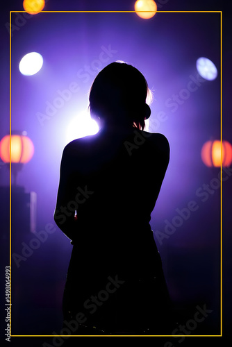 Silhouette of a woman against a dramatic purple background with glowing lights