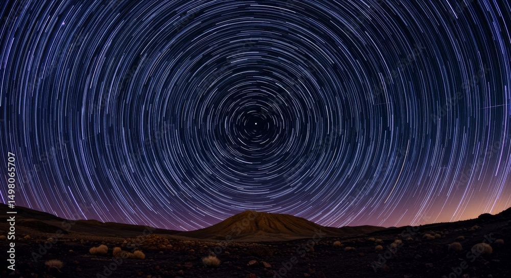 Fototapeta premium Celestial Trails Night Sky - Star trails create mesmerizing circular patterns above a dark landscape, symbolizing eternity, the cosmos, time, rotation, and wonder