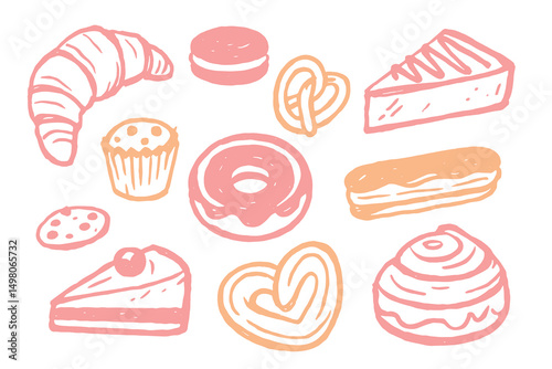 pastries and sweets set cartoon sketch vector illustration