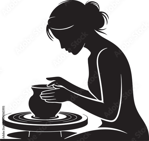 Silhouette of a woman shaping clay on a pottery wheel isolated on white background