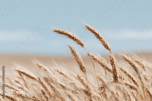 serene wheat field under clear blue sky with golden stalks swaying gently in breeze