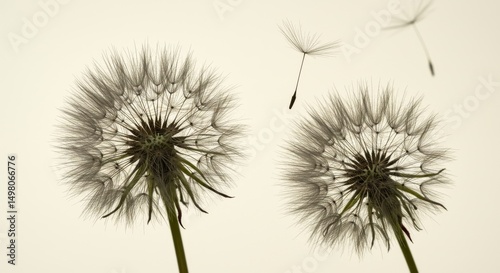 Dandelion Seeds in Flight - Two dandelion seed heads, one with seeds dispersing, against a pale background. Nature, springtime, fragile beauty