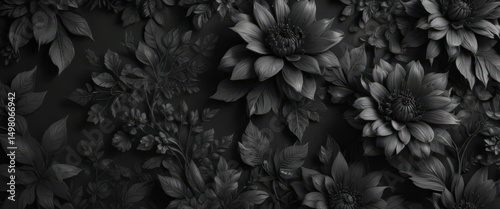 Intricate charcoal floral wallpaper, abstract botanicals,  vintage,  surface