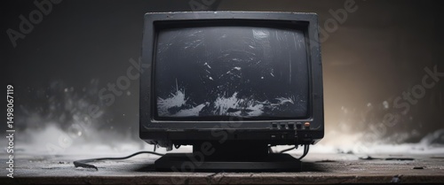 A dusty, aged CRT monitor with snowy static and faint light bleed ,  noise,  dark,  obsolete